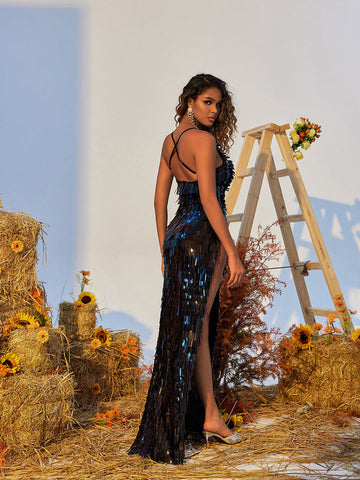 Jime Spaghetti Metal Feather High Split Dress