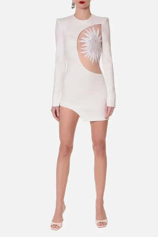 Jordyn White Mesh Stitching Bandage Mini Dress