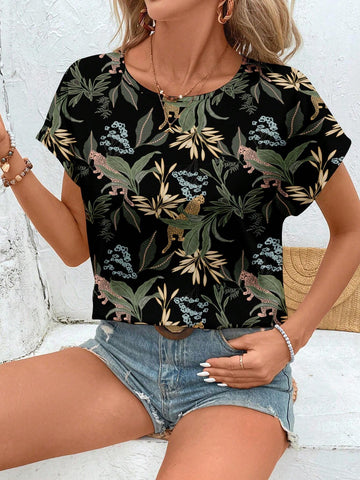 Casual Floral Print Elegant Loose Fit Women Short Sleeve Round Neck Shirt, Suitable For Summer