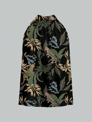 Floral, Elegant, Exclusive Casual Women Loose Neck Tie Sleeveless Blouse