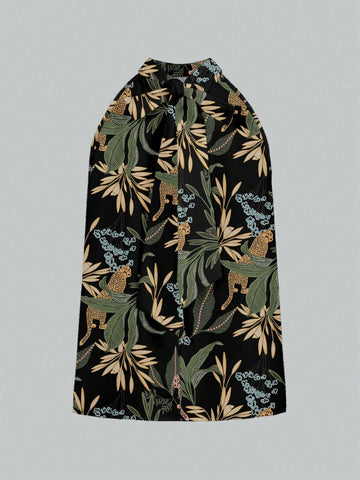 Floral, Elegant, Exclusive Casual Women Loose Neck Tie Sleeveless Blouse