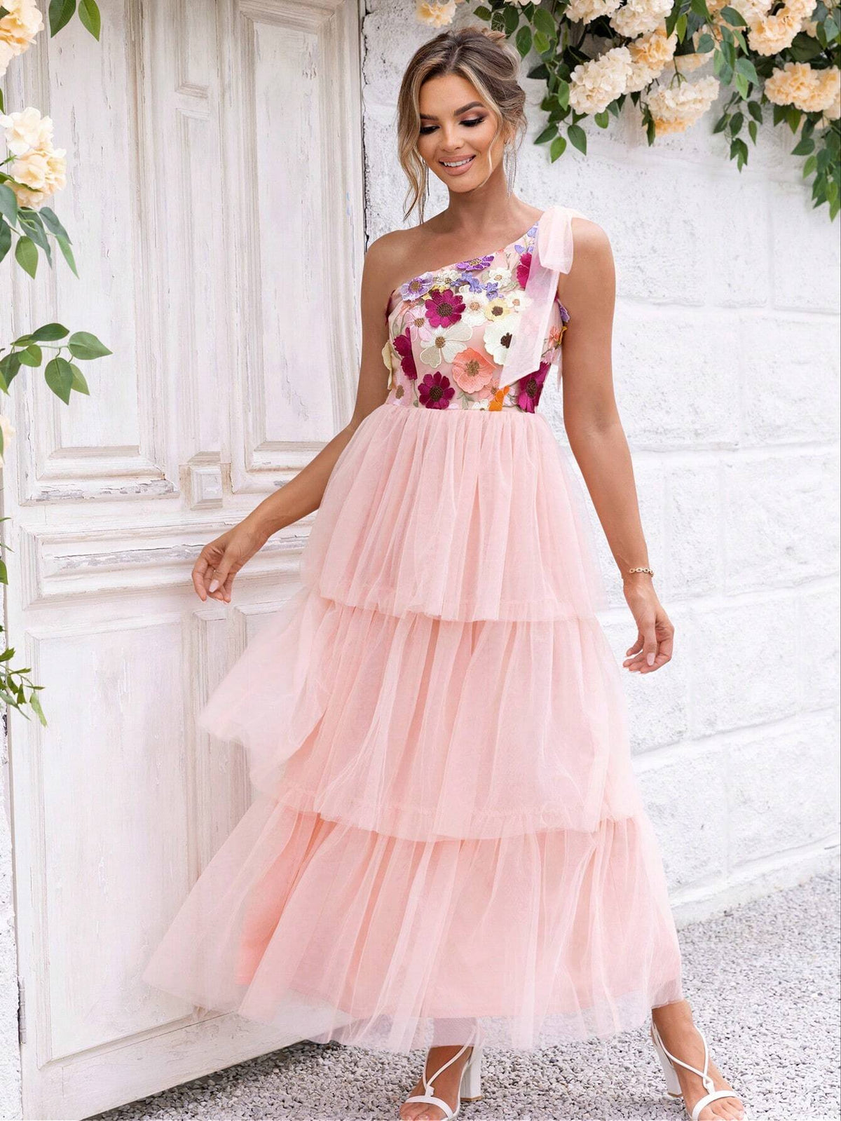 Joyfunear Flower Patchwork Mesh One Shoulder A-Line Dress