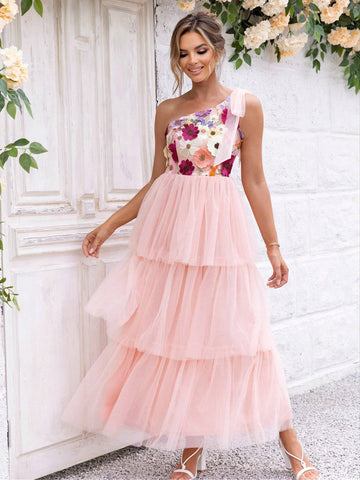 Joyfunear Flower Patchwork Mesh One Shoulder A-Line Dress