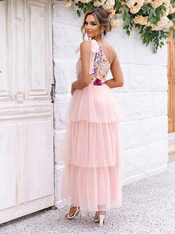 Joyfunear Flower Patchwork Mesh One Shoulder A-Line Dress