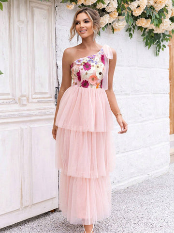 Joyfunear Flower Patchwork Mesh One Shoulder A-Line Dress