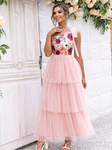 Joyfunear Flower Patchwork Mesh One Shoulder A-Line Dress