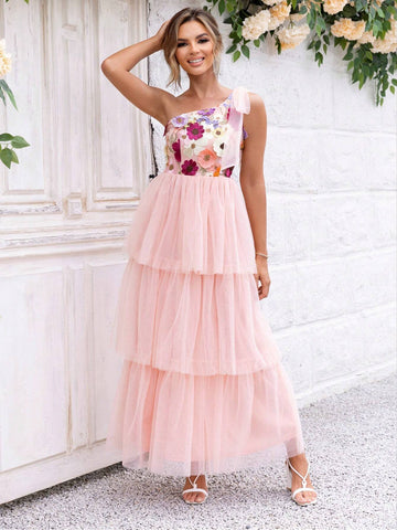 Joyfunear Flower Patchwork Mesh One Shoulder A-Line Dress