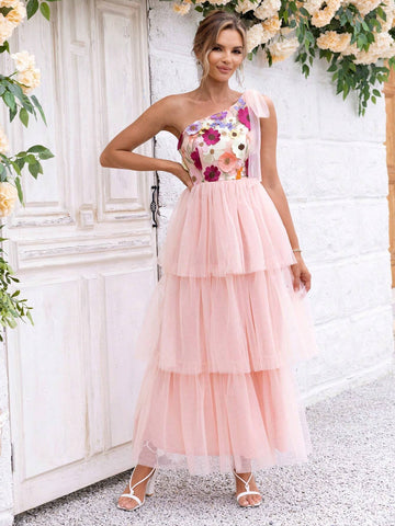 Joyfunear Flower Patchwork Mesh One Shoulder A-Line Dress