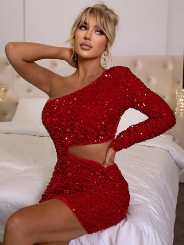 Joyfunear Glitter Hollow Out One Shoulder Bag Hip Bodycon Dress