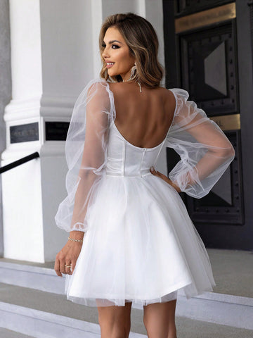 Joyfunear Ladies' Mesh Panel Sweetheart Collar Dress