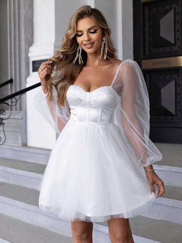 Joyfunear Ladies' Mesh Panel Sweetheart Collar Dress