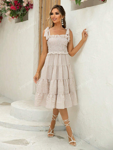 Joyfunear Ladies Vacation Casual Ruffled Striped Spaghetti Strap Dress