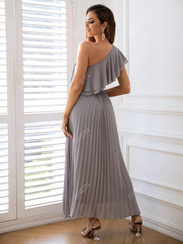 Joyfunear One Shoulder Ruffle Trim Pleated Formal Dress