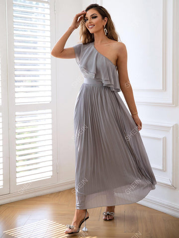 Joyfunear One Shoulder Ruffle Trim Pleated Formal Dress