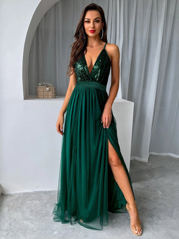 Joyfunear Sequin Bodice Backless Mesh Cami Formal Evening Gowns