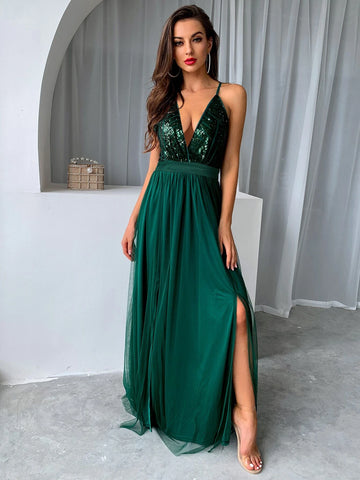 Joyfunear Sequin Bodice Backless Mesh Cami Formal Evening Gowns