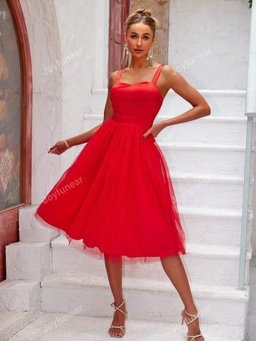 Joyfunear Spliced Mesh Waist-Cinched Sleeveless Dress