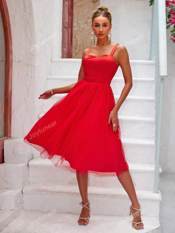 Joyfunear Spliced Mesh Waist-Cinched Sleeveless Dress