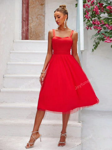 Joyfunear Spliced Mesh Waist-Cinched Sleeveless Dress