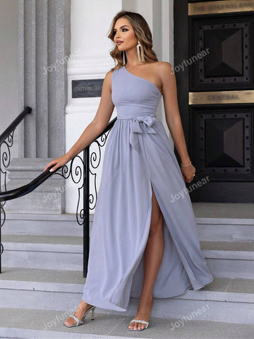Joyfunear Women Elegant Solid Color Asymmetric Collar High Side Slit Maxi Dress For Spring And Summer
