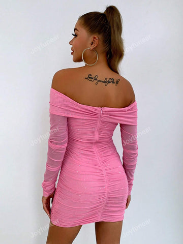 Joyfunear Women Fashion Solid Color Long Sleeve Off-Shoulder Dress