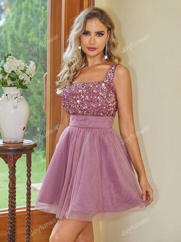 Joyfunear Women Sequin Decorated Mesh Patchwork Sleeveless Dress