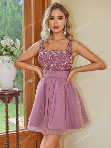 Joyfunear Women Sequin Decorated Mesh Patchwork Sleeveless Dress