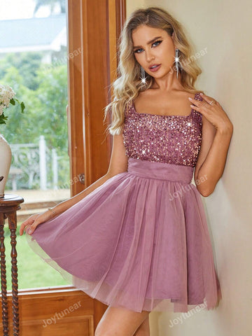 Joyfunear Women Sequin Decorated Mesh Patchwork Sleeveless Dress