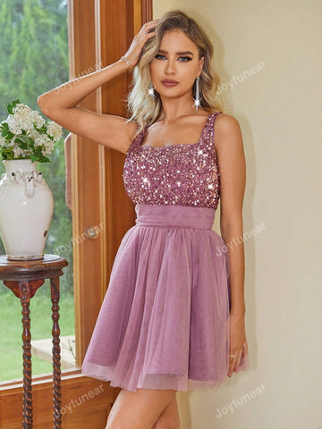 Joyfunear Women Sequin Decorated Mesh Patchwork Sleeveless Dress
