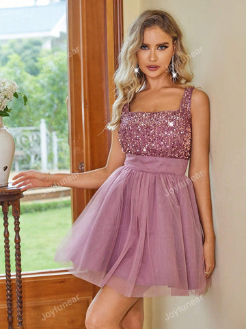 Joyfunear Women Sequin Decorated Mesh Patchwork Sleeveless Dress