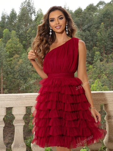 Joyfunear Women Solid Color Mesh Ruffle Waist Dress For Summer