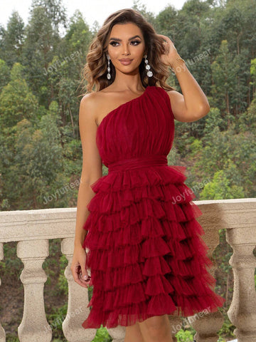 Joyfunear Women Solid Color Mesh Ruffle Waist Dress For Summer