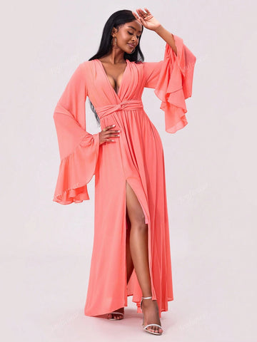 Joyfunear Women's Deep V-Neck Flare Sleeve Twisted Waist High Slit Evening Dress