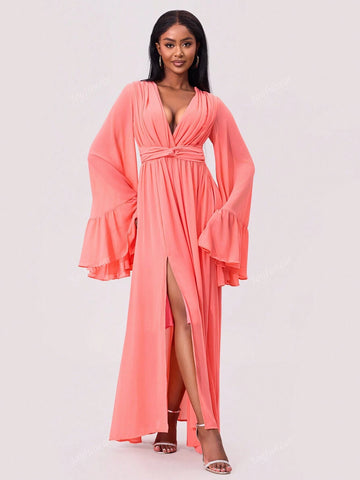 Joyfunear Women's Deep V-Neck Flare Sleeve Twisted Waist High Slit Evening Dress