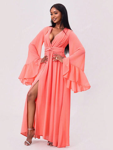 Joyfunear Women's Deep V-Neck Flare Sleeve Twisted Waist High Slit Evening Dress