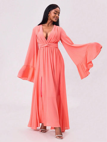 Joyfunear Women's Deep V-Neck Flare Sleeve Twisted Waist High Slit Evening Dress