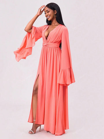 Joyfunear Women's Deep V-Neck Flare Sleeve Twisted Waist High Slit Evening Dress