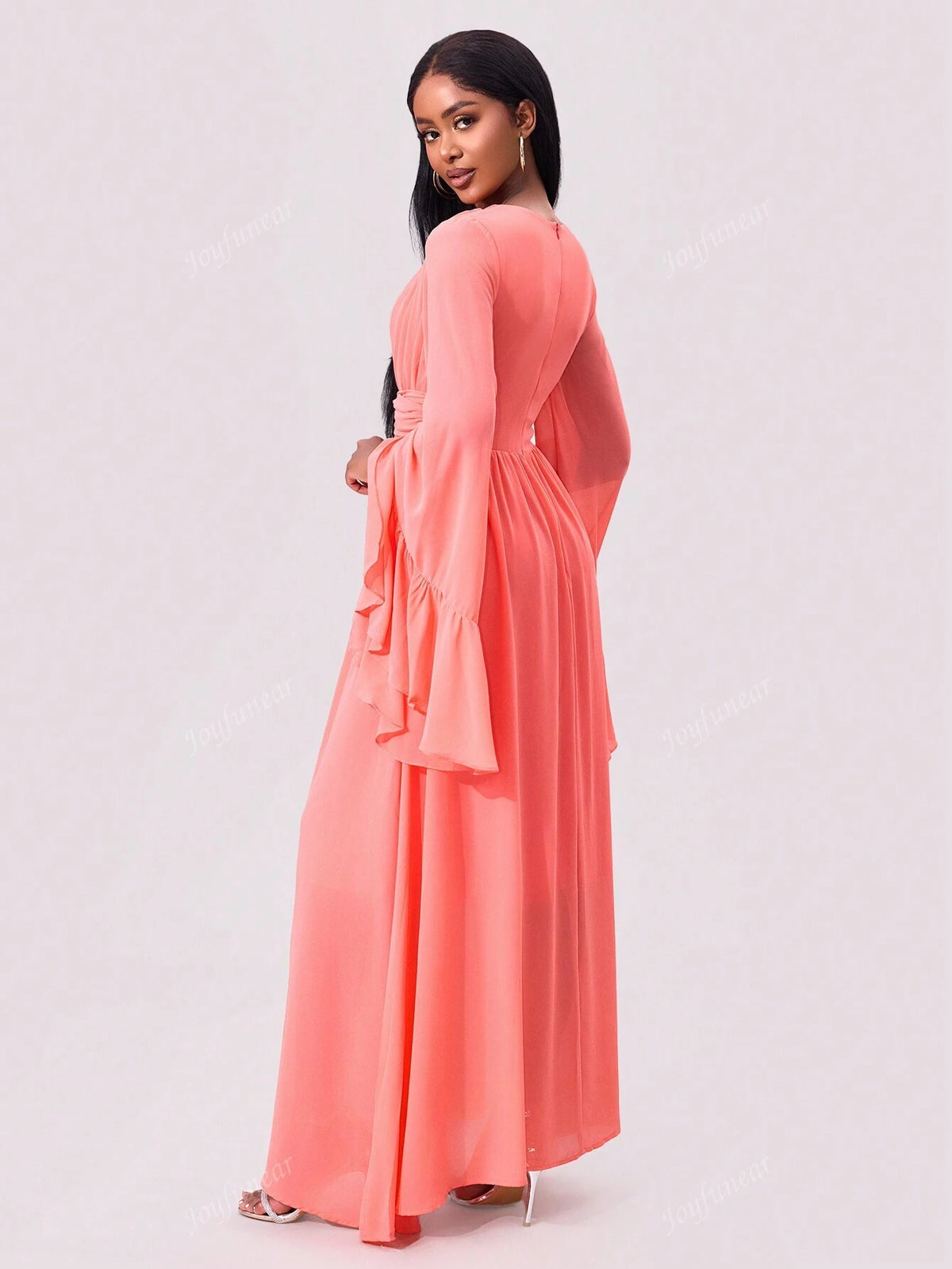 Joyfunear Women's Deep V-Neck Flare Sleeve Twisted Waist High Slit Evening Dress