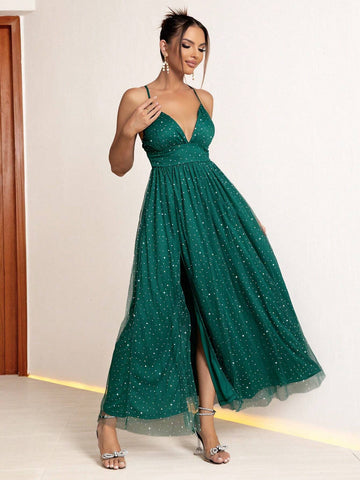 Joyfunear Women's Glittery Mesh High Slit Spaghetti Strap Maxi Dress