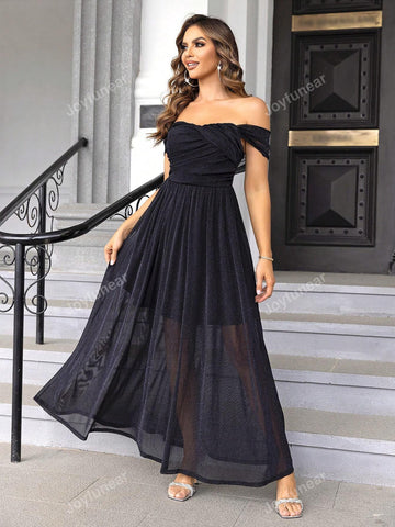 Joyfunear Women's Glittery Off Shoulder Ruffled Maxi Dress
