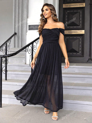 Joyfunear Women's Glittery Off Shoulder Ruffled Maxi Dress