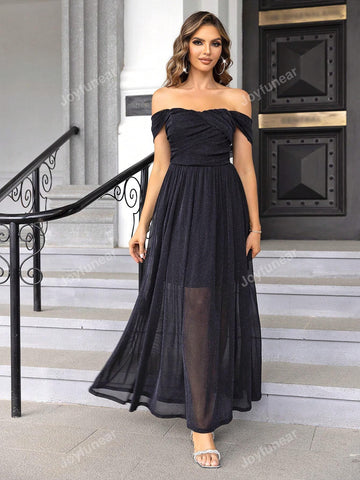 Joyfunear Women's Glittery Off Shoulder Ruffled Maxi Dress