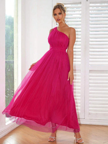 Joyfunear Women's One-Shoulder Mesh Overlay Dress