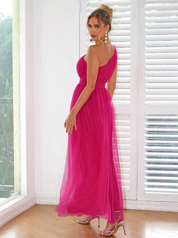 Joyfunear Women's One-Shoulder Mesh Overlay Dress