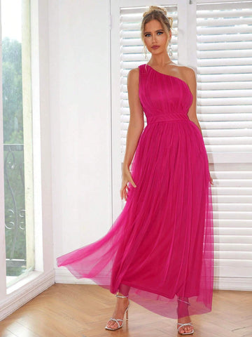 Joyfunear Women's One-Shoulder Mesh Overlay Dress