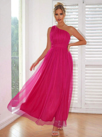 Joyfunear Women's One-Shoulder Mesh Overlay Dress