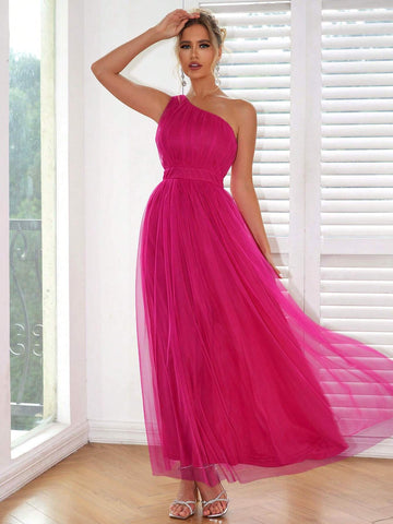 Joyfunear Women's One-Shoulder Mesh Overlay Dress