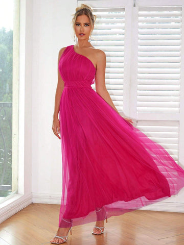 Joyfunear Women's One-Shoulder Mesh Overlay Dress