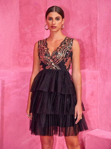 Joyfunear Women's Patchwork Glitter Mesh Hem Mini Sleeveless Party Dress