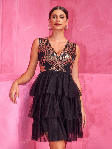 Joyfunear Women's Patchwork Glitter Mesh Hem Mini Sleeveless Party Dress